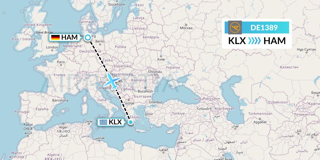DE1389 Condor Flight Map: Kalamata to Hamburg