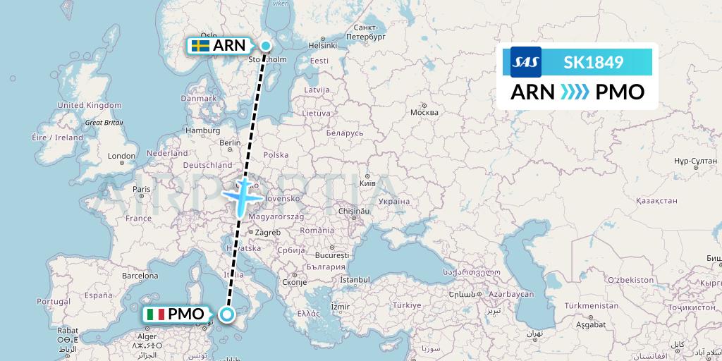 SK1849 SAS Flight Map: Stockholm to Palermo