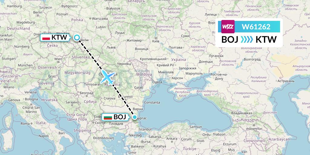 W61262 Wizz Air Flight Map: Burgas to Katowice