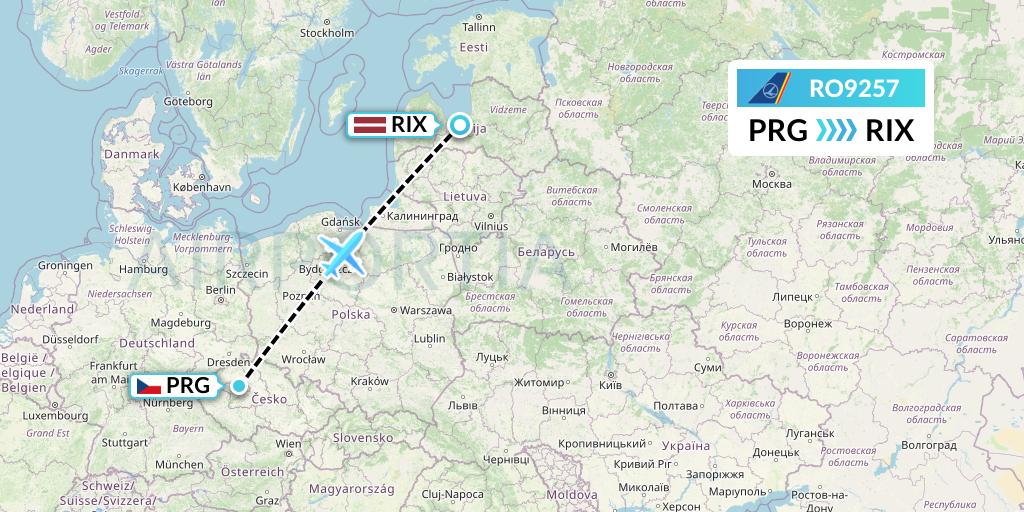 RO9257 Tarom Flight Map: Prague to Riga
