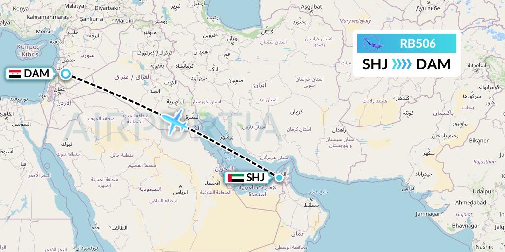 RB506 Syrian Air Flight Map: Sharjah to Damascus