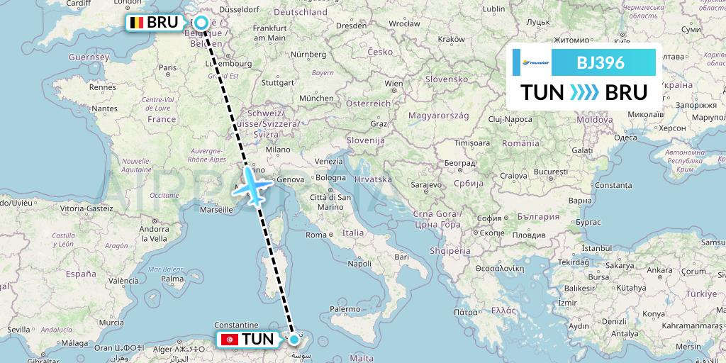 BJ396 Nouvelair Tunisie Flight Map: Tunis to Brussels