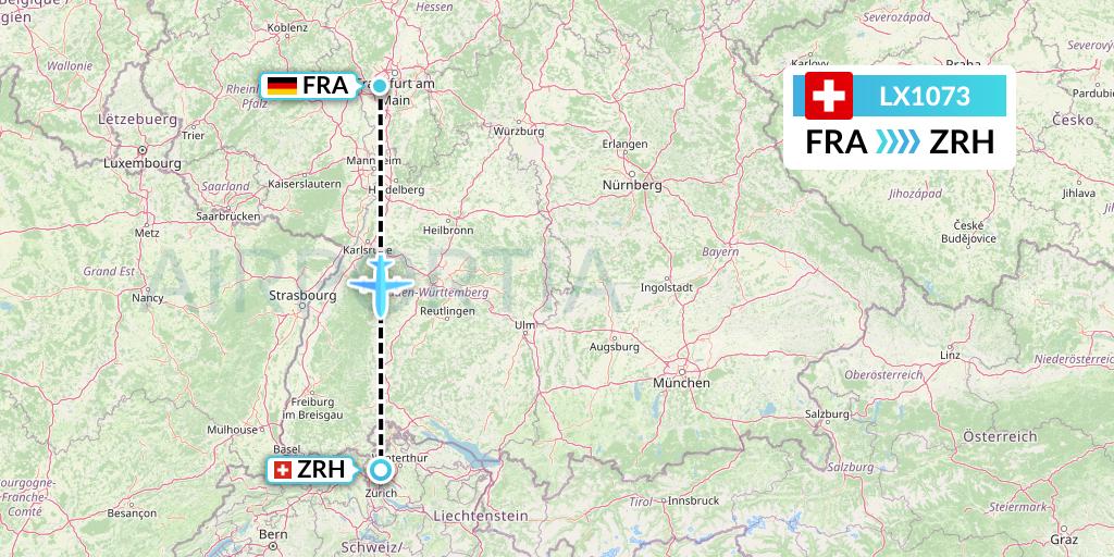 LX1073 Swiss Flight Map: Frankfurt to Zurich