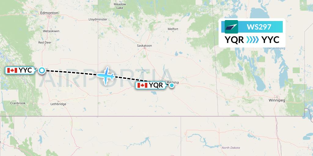 WS297 WestJet Flight Map: Regina to Calgary