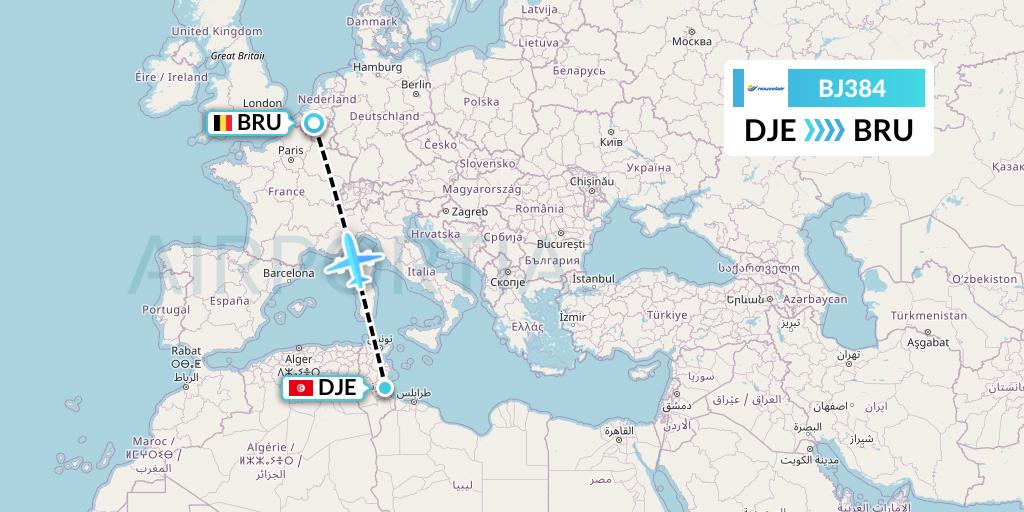 BJ384 Nouvelair Tunisie Flight Map: Djerba to Brussels