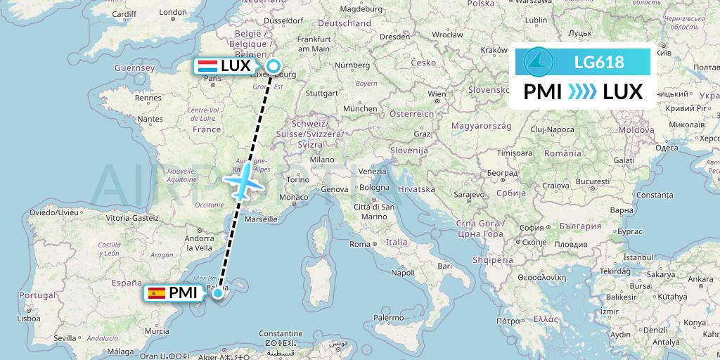 LG618 Luxair Flight Map: Palma de Mallorca to Luxembourg