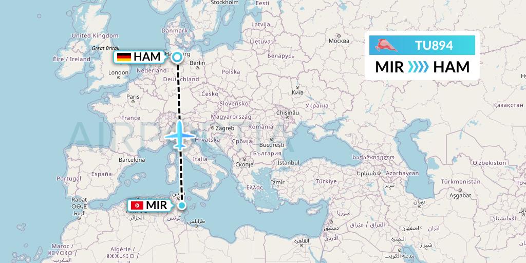 TU894 Tunisair Flight Map: Monastir to Hamburg