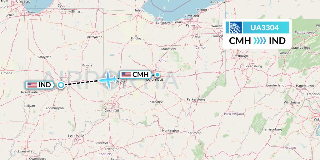 UA3304 United Airlines Flight Map: Columbus to Indianapolis