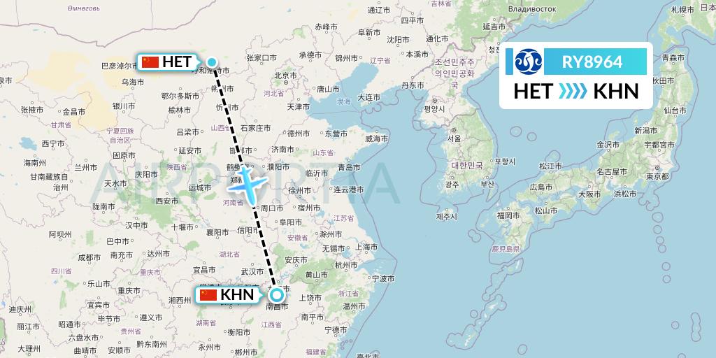 RY8964 Jiangxi Air Flight Map: Hohhot to Nanchang