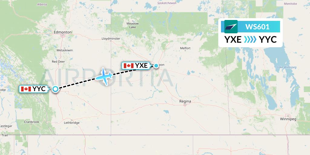 WS601 WestJet Flight Map: Saskatoon to Calgary