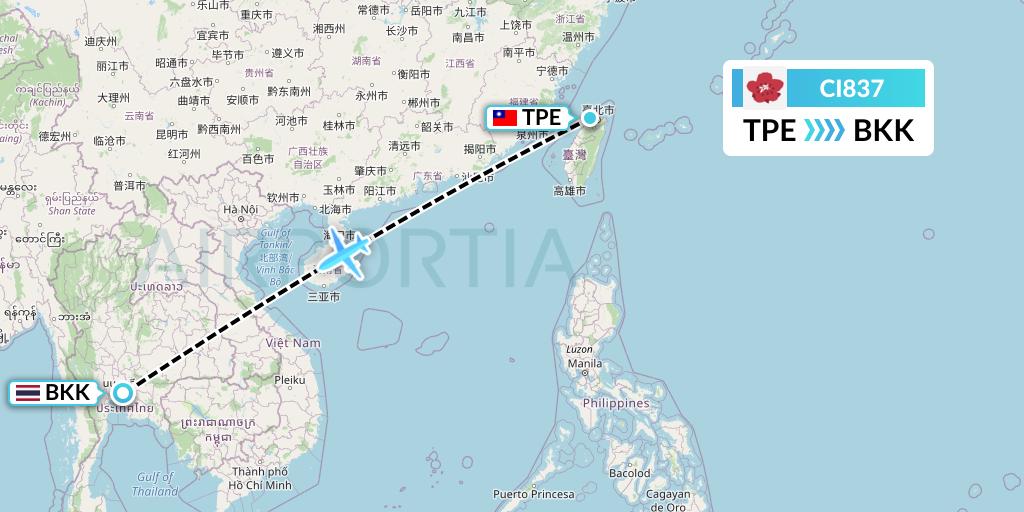 CI837 China Airlines Flight Map: Taipei to Bangkok