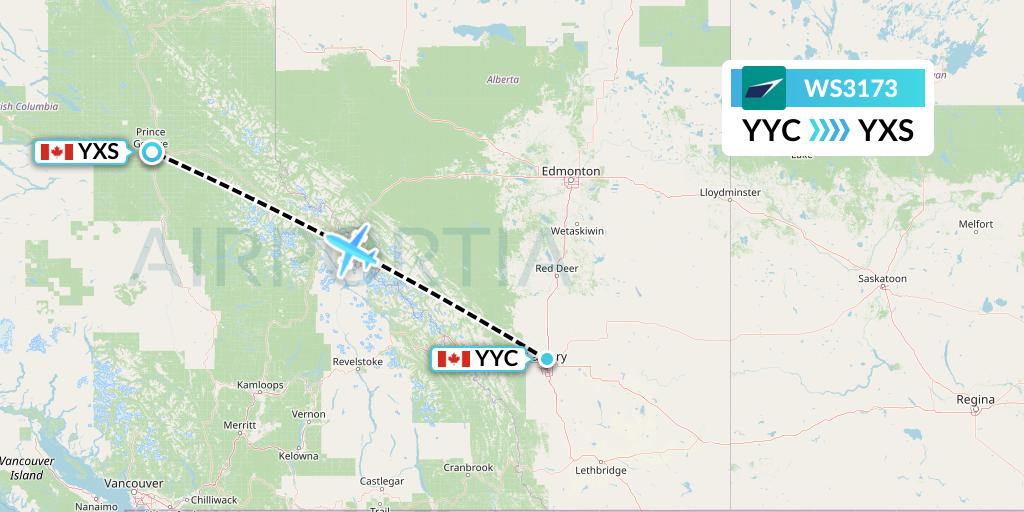 WS3173 WestJet Flight Map: Calgary to Prince George