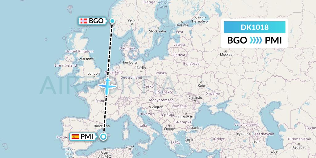 DK1018 Thomas Cook Airlines Scandinavia Flight Map: Bergen to Palma de Mallorca