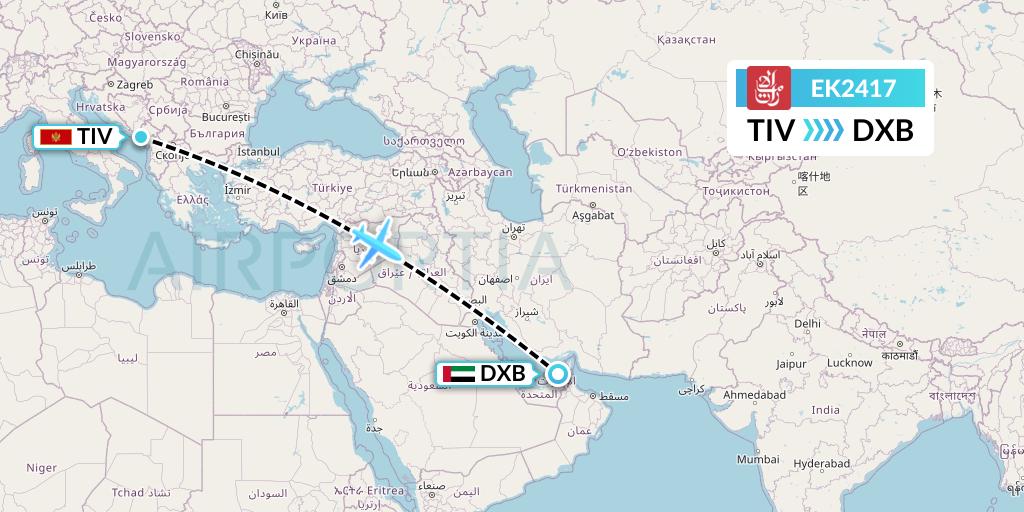 EK2417 Emirates Flight Map: Tivat to Dubai