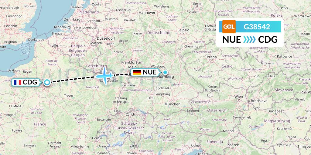 G38542 GOL Transportes Aeros Flight Map: Nurnberg to Paris
