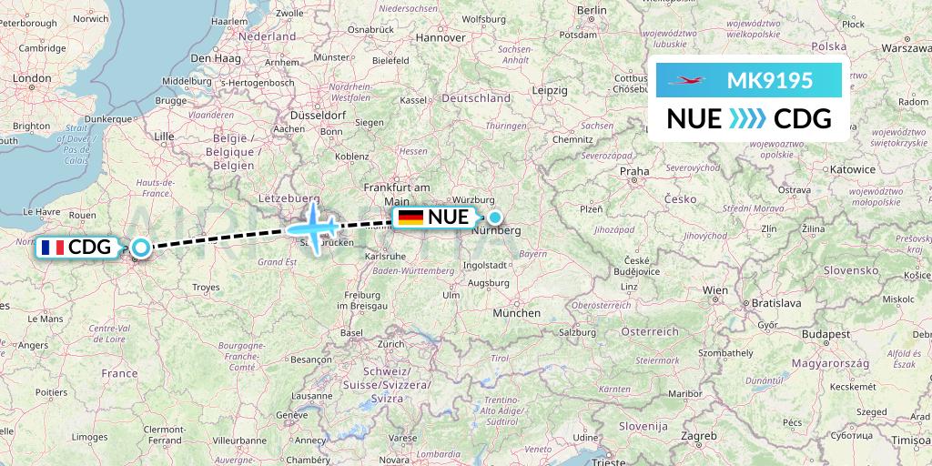 MK9195 Air Mauritius Flight Map: Nurnberg to Paris