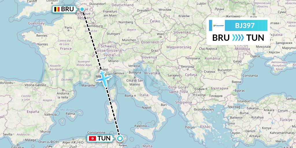 BJ397 Nouvelair Tunisie Flight Map: Brussels to Tunis