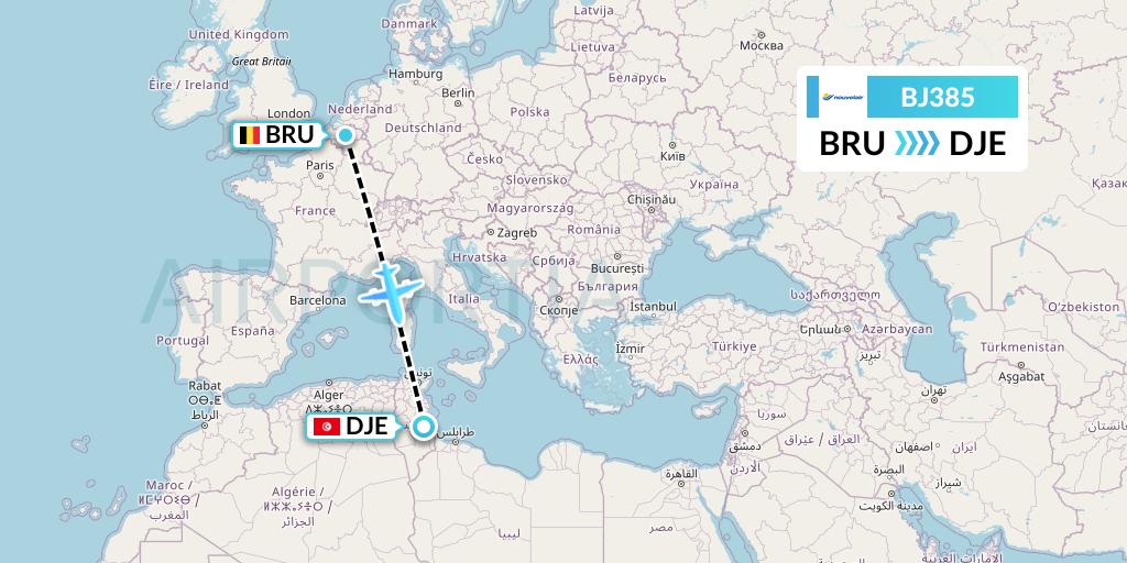 BJ385 Nouvelair Tunisie Flight Map: Brussels to Djerba