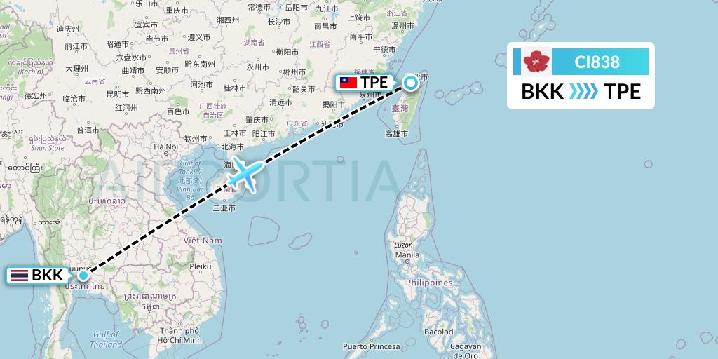 CI838 China Airlines Flight Map: Bangkok to Taipei