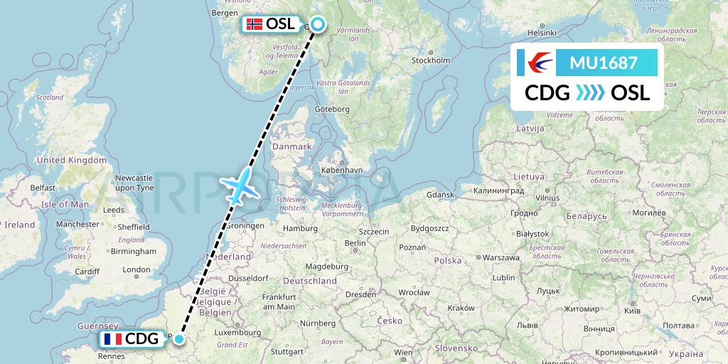 MU1687 China Eastern Airlines Flight Map: Paris to Oslo