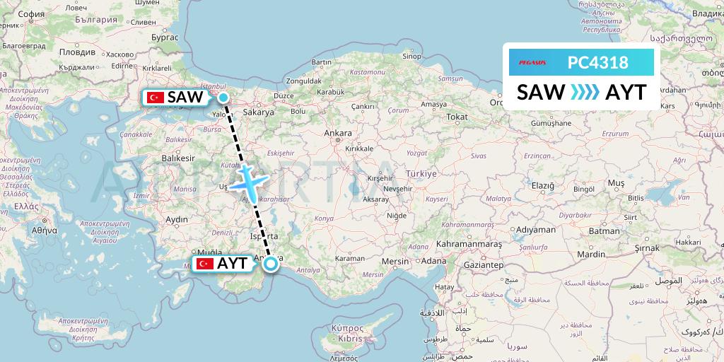 PC4318 Pegasus Airlines Flight Map: Istanbul to Antalya