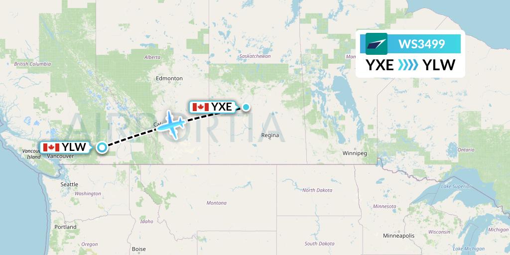WS3499 WestJet Flight Map: Saskatoon to Kelowna
