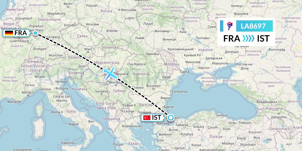 LA8697 LATAM Airlines Flight Map: Frankfurt to Istanbul