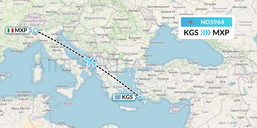 NO5964 Neos Flight Map: Kos to Milan