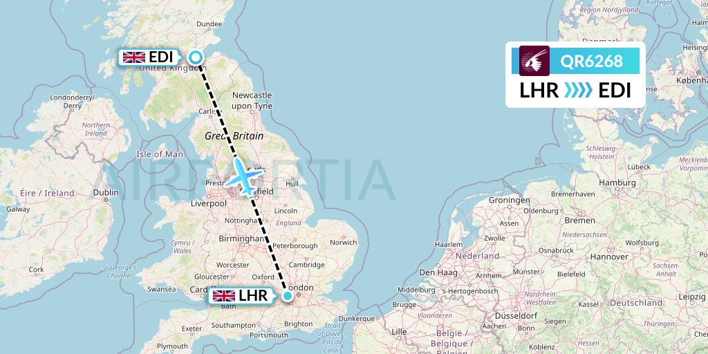 QR6268 Qatar Airways Flight Map: London to Edinburgh