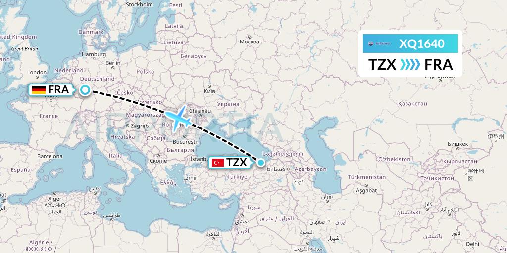 XQ1640 SunExpress Flight Map: Trabzon to Frankfurt