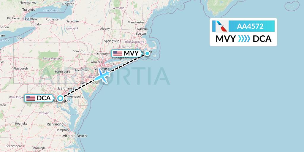 AA4572 American Airlines Flight Map: Martha's Vineyard to Washington