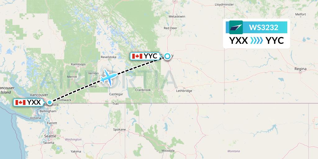 WS3232 WestJet Flight Map: Abbotsford to Calgary
