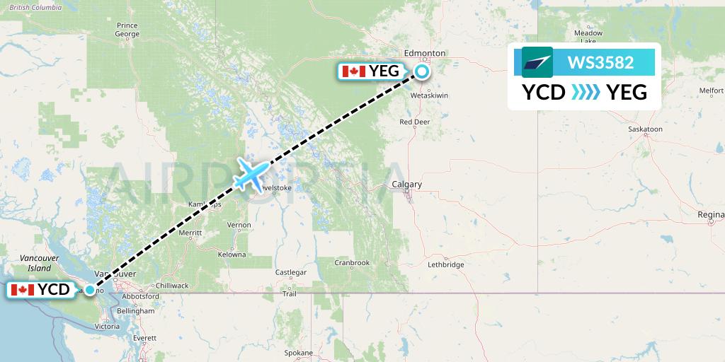 WS3582 WestJet Flight Map: Nanaimo to Edmonton