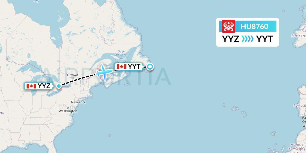 HU8760 Hainan Airlines Flight Map: Toronto to St. John's