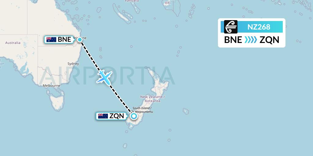 NZ268 Air New Zealand Flight Map: Brisbane to Queenstown