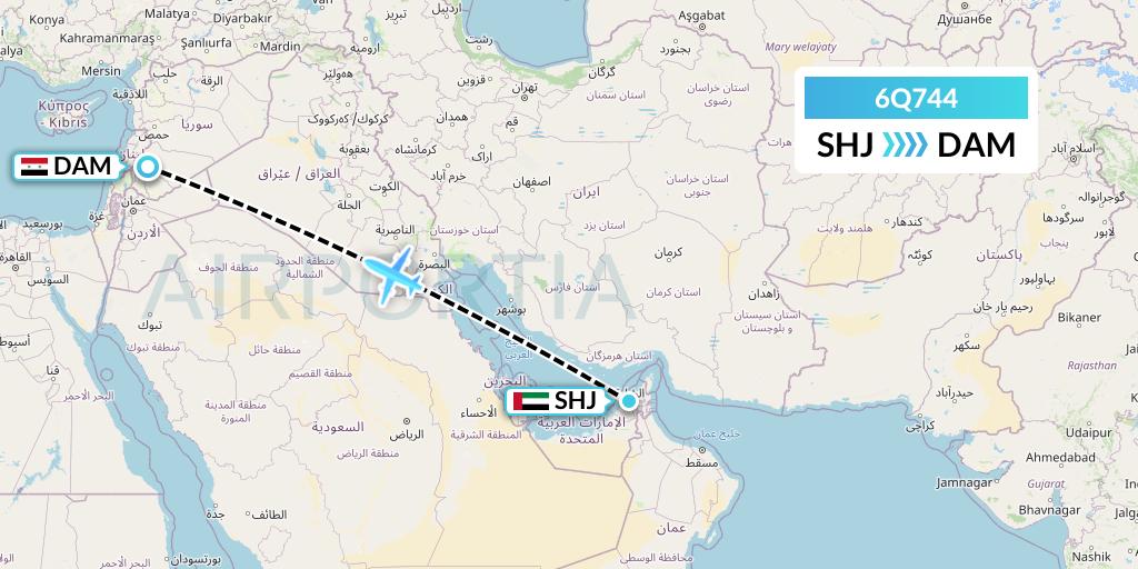 6Q744 Cham Wings Airlines Flight Map: Sharjah to Damascus