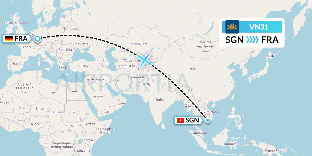 VN31 Vietnam Airlines Flight Map: Ho Chi Minh City to Frankfurt