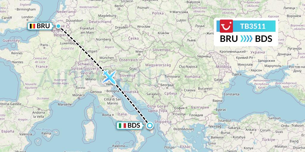 TB3511 TUI fly Belgium Flight Map: Brussels to Brindisi