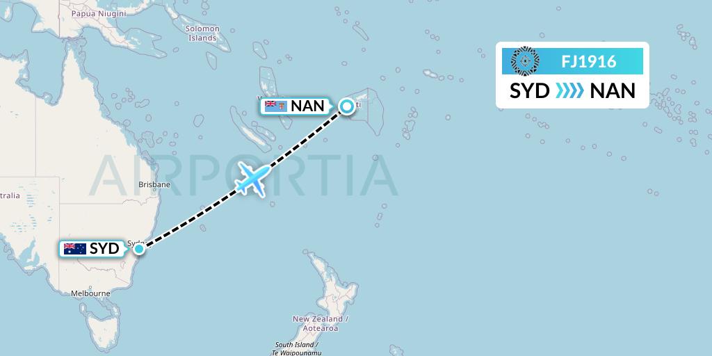 FJ1916 Fiji Airways Flight Map: Sydney to Nadi