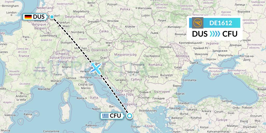 DE1612 Condor Flight Map: Dusseldorf to Corfu