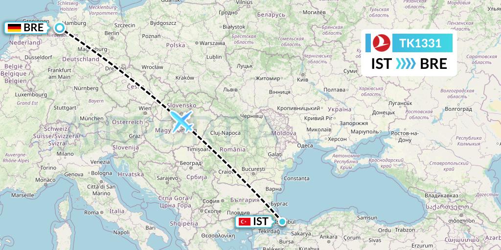 TK1331 Turkish Airlines Flight Map: Istanbul to Bremen