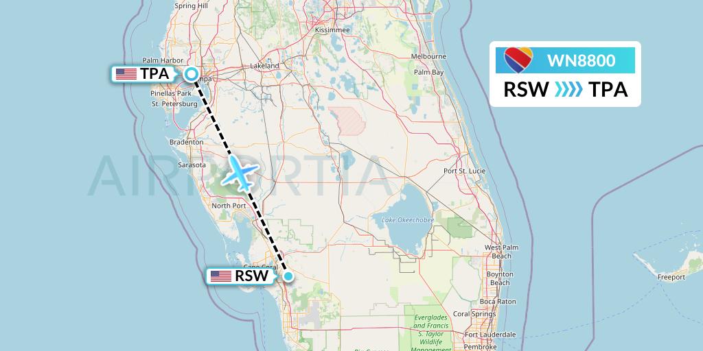 WN8800 Southwest Airlines Flight Map: Fort Myers to Tampa