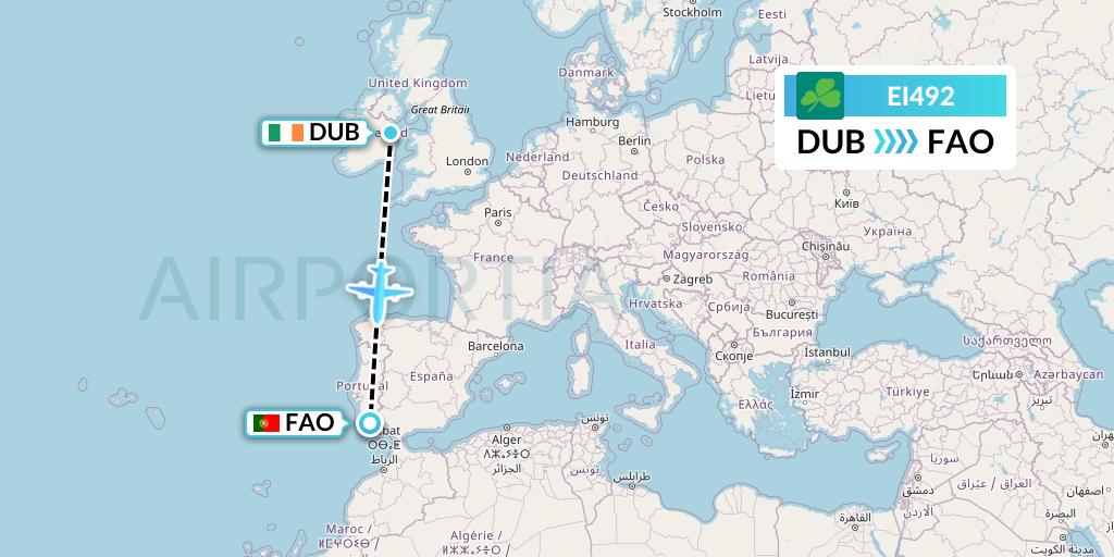 EI492 Aer Lingus Flight Map: Dublin to Faro