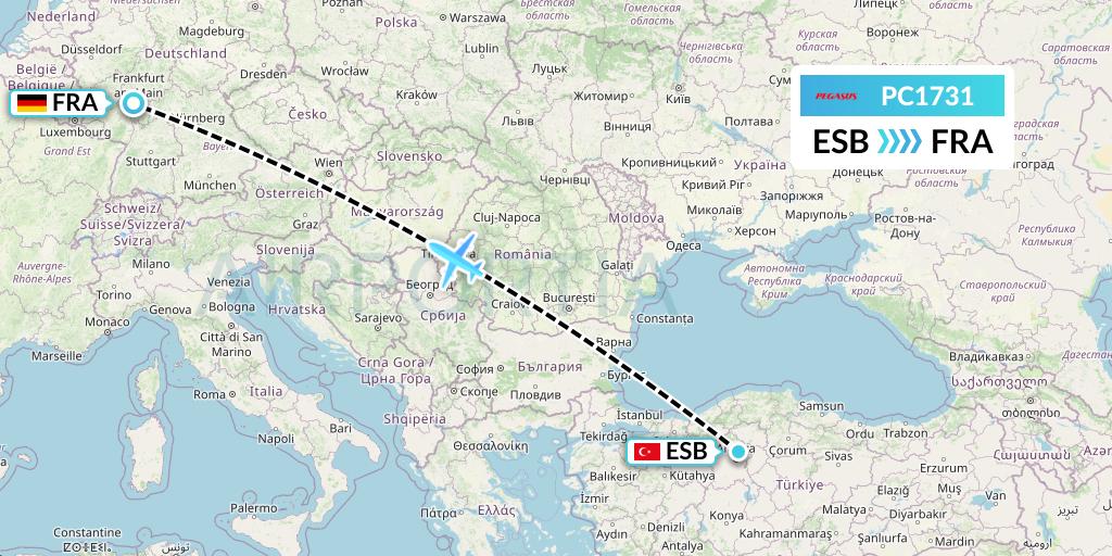 PC1731 Pegasus Airlines Flight Map: Ankara to Frankfurt