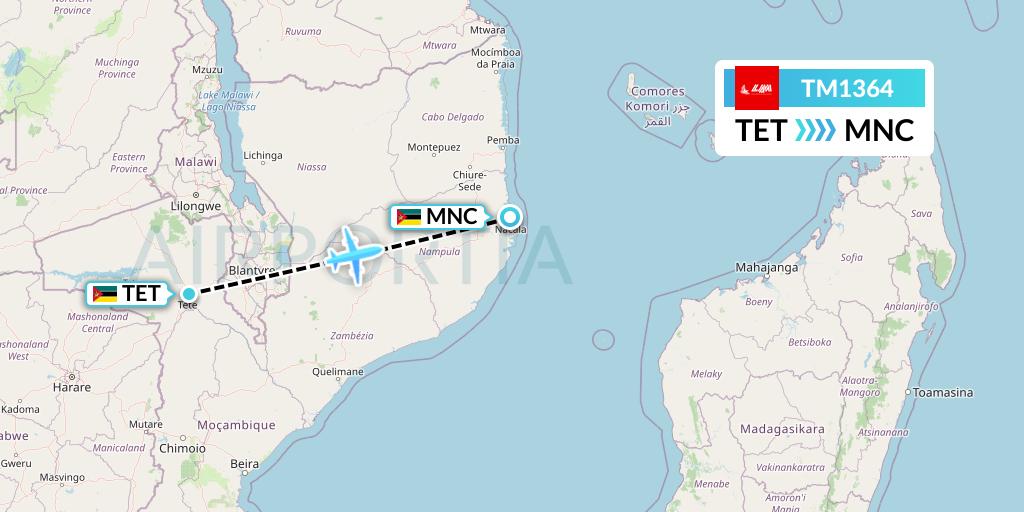 TM1364 LAM Mozambique Airlines Flight Map: Tete to Nacala