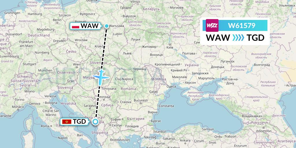 W61579 Wizz Air Flight Map: Warsaw to Podgorica