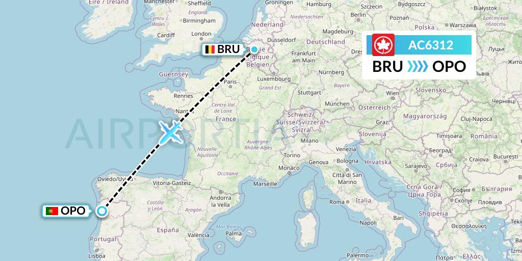 AC6312 Air Canada Flight Map: Brussels to Porto
