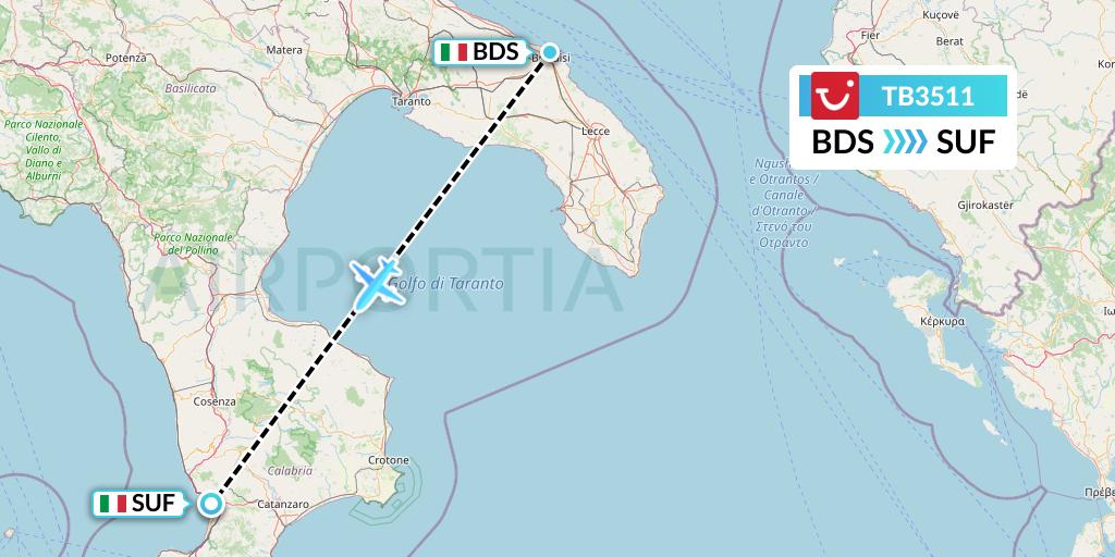 TB3511 TUI fly Belgium Flight Map: Brindisi to Lamezia Terme