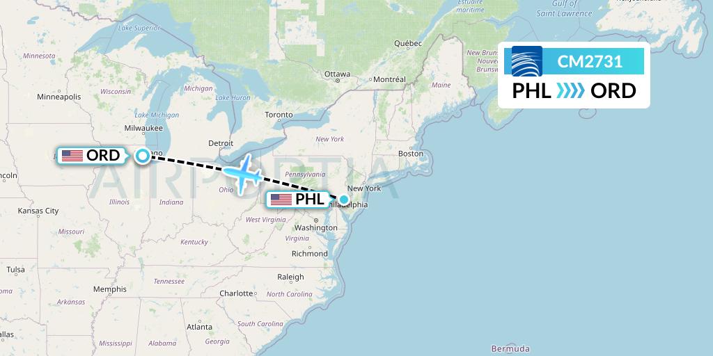 CM2731 Copa Airlines Flight Map: Philadelphia to Chicago