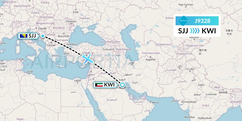 J9328 Jazeera Airways Flight Map: Sarajevo to Kuwait City